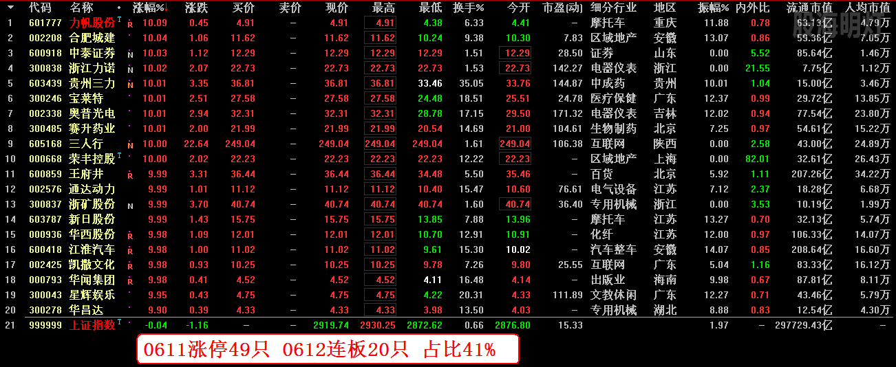 0611涨停49只 0612连板20只 占比41%.png